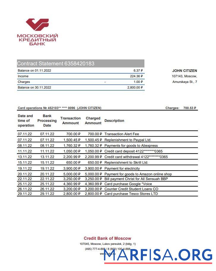 Printable Russia Credit Bank of Moscow bank statement excel template
